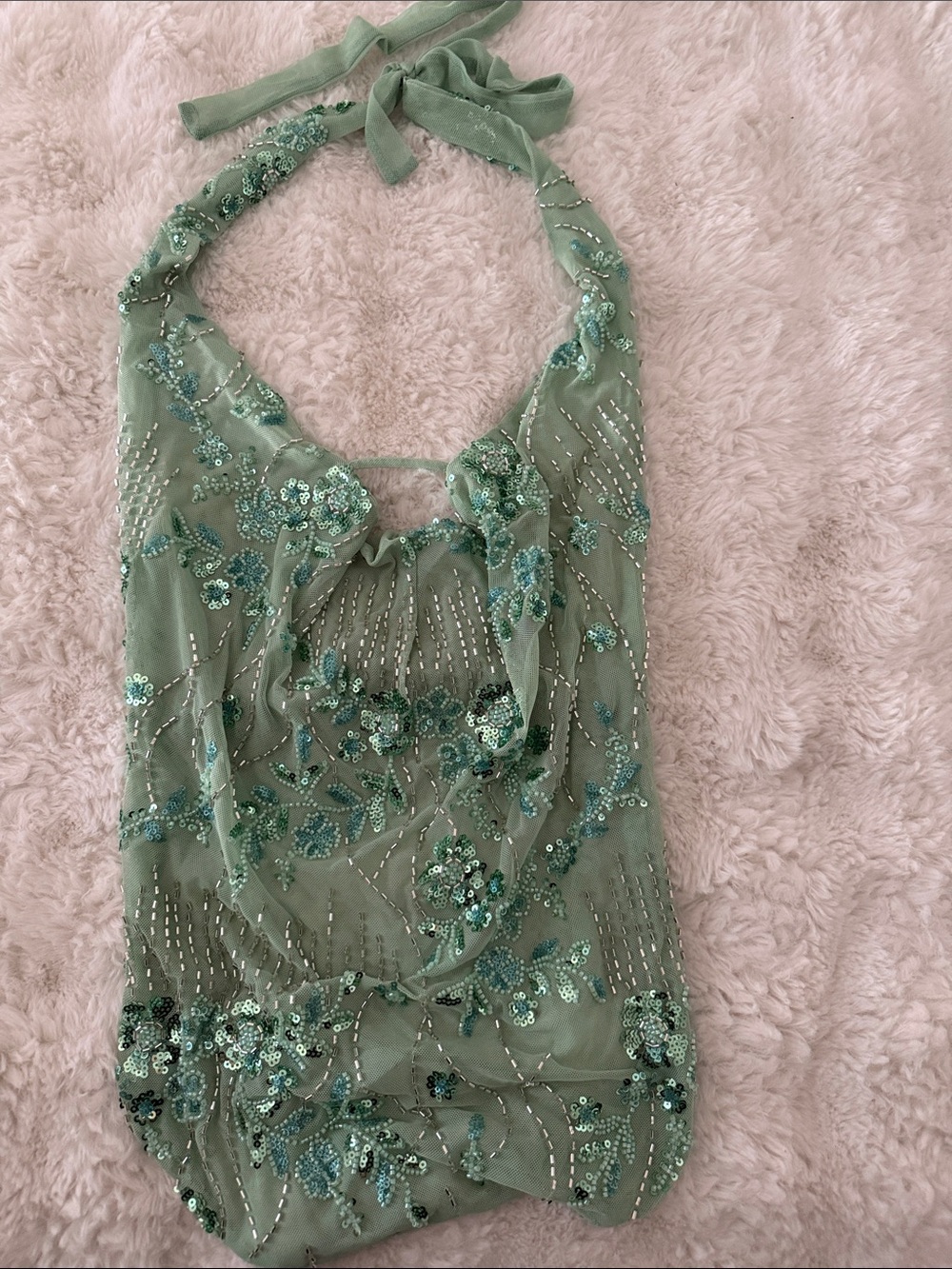Beaded Embroidered Halter Top in Sage Green
